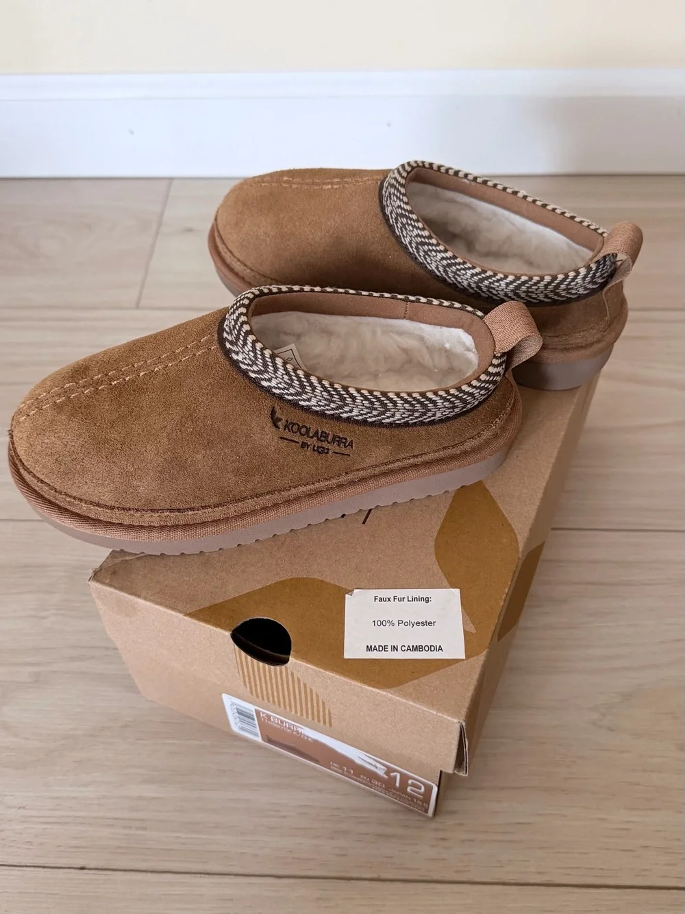 Koolaburra Kids Chestnut Brown Suede Slip-On Slippers with Braided Trim